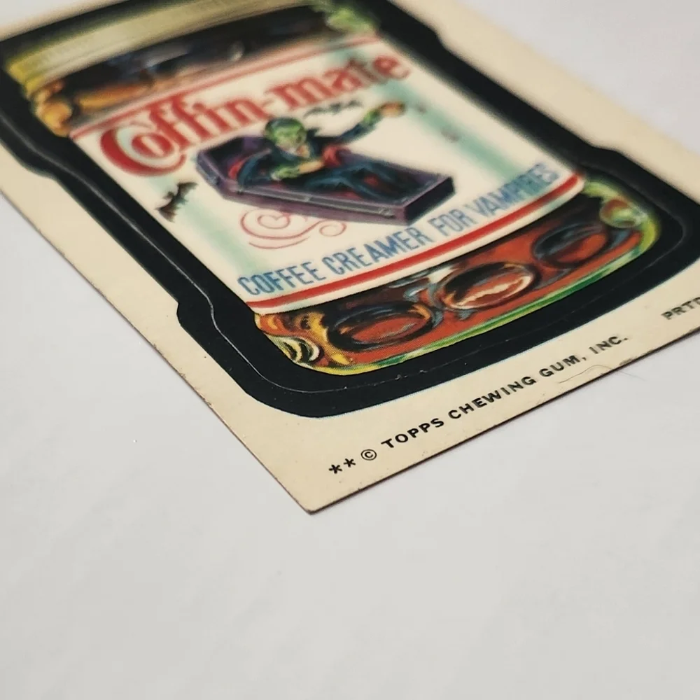 🧛RARE Tan Back Vintage 1973 Wacky Packages - Coffin-mate Sticker (Topps) 🧛‍♂️☕